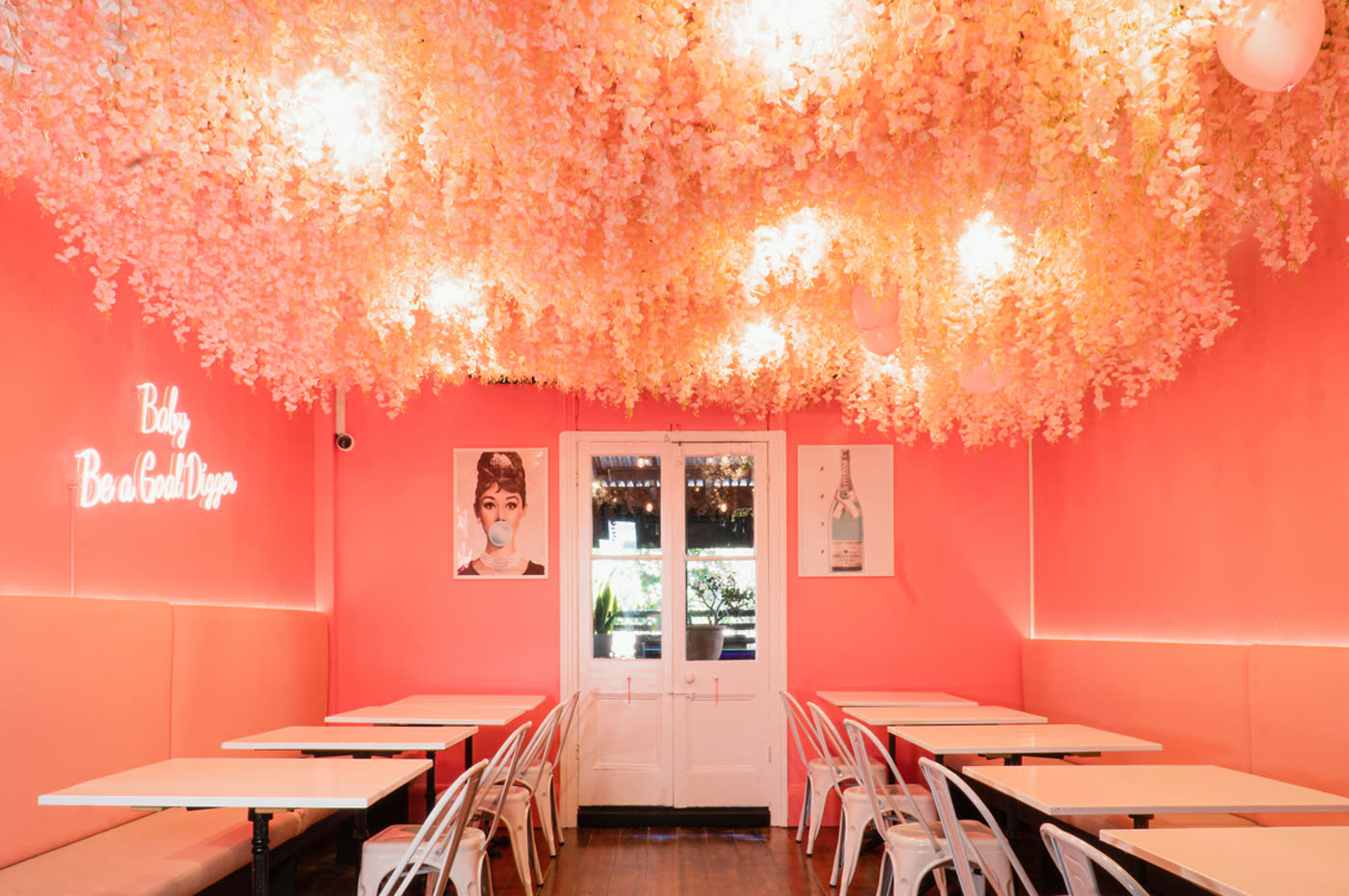 VECINO Glebe dining room, pink floral ceiling installation